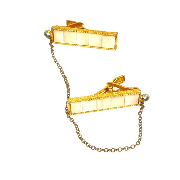 Vintage Sweater Clip Mother of Pearl Gold-Tone Grandma Core Chain - Picture 3 of 6